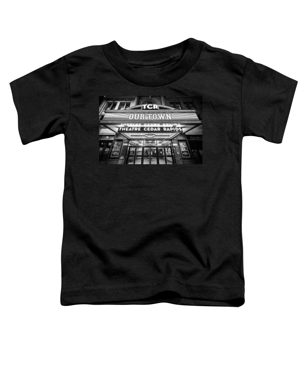 Cedar Rapids Toddler T-Shirt featuring the photograph Theatre Cedar Rapids in Black and White by Anthony Doudt