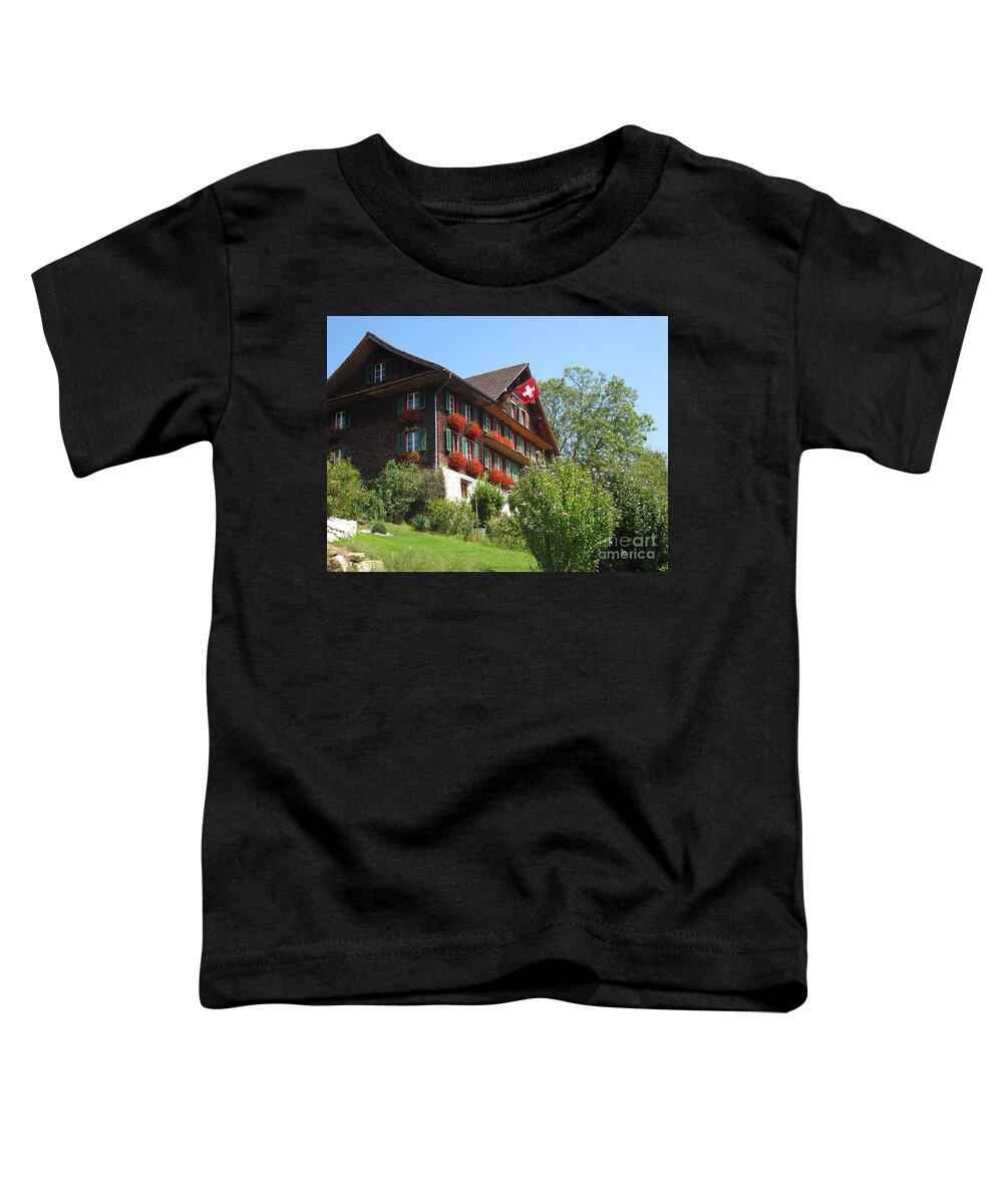 Architecture Toddler T-Shirt featuring the photograph Traditional wooden Swiss House by Amanda Mohler