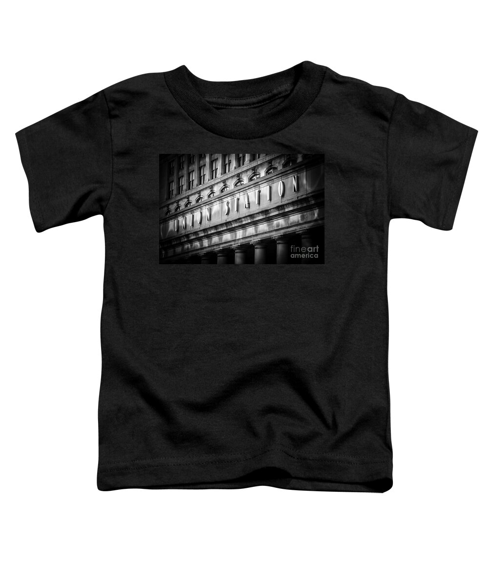 America Toddler T-Shirt featuring the photograph Union Station Chicago Sign in Black and White by Paul Velgos