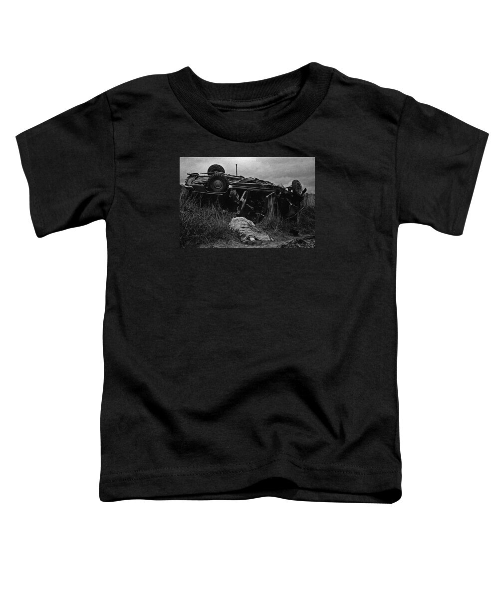 Upended Car Accident Dead Body Aberdeen South Dakota 1964 Black And White Toddler T-Shirt featuring the photograph Upended car accident dead body Aberdeen South Dakota 1964 black and white by David Lee Guss