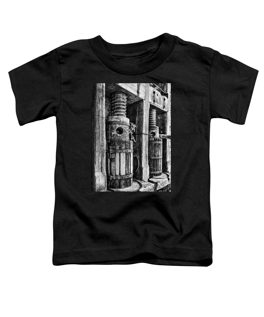 Wine Press Toddler T-Shirt featuring the photograph Vintage Wine Press BW by James Eddy