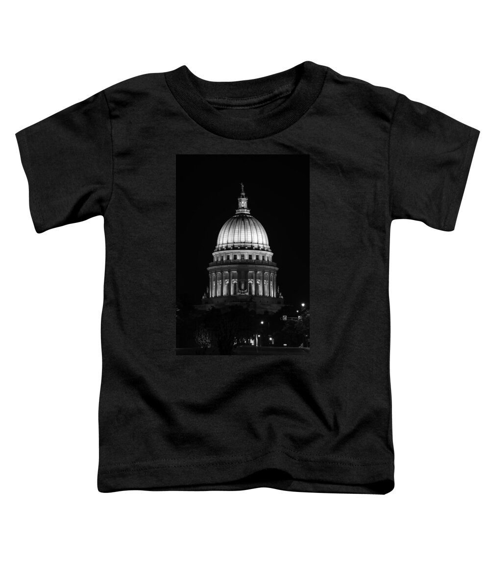 Architecture Toddler T-Shirt featuring the photograph Wisconsin State Capitol Building at Night Black and White by Sebastian Musial