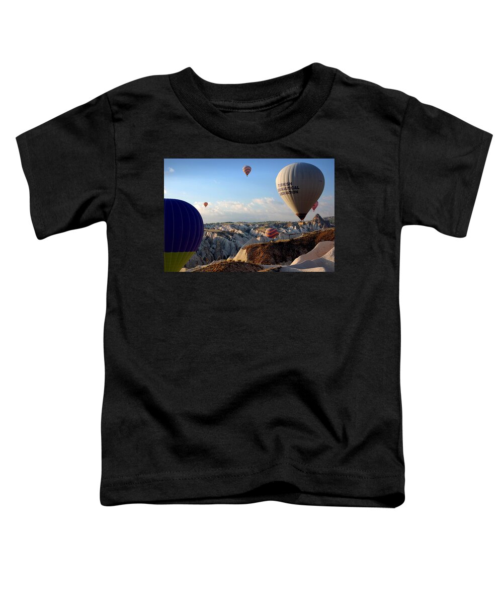 Fairy Chimneys Toddler T-Shirt featuring the photograph Hot air balloons over Cappadocia #1 by RicardMN Photography