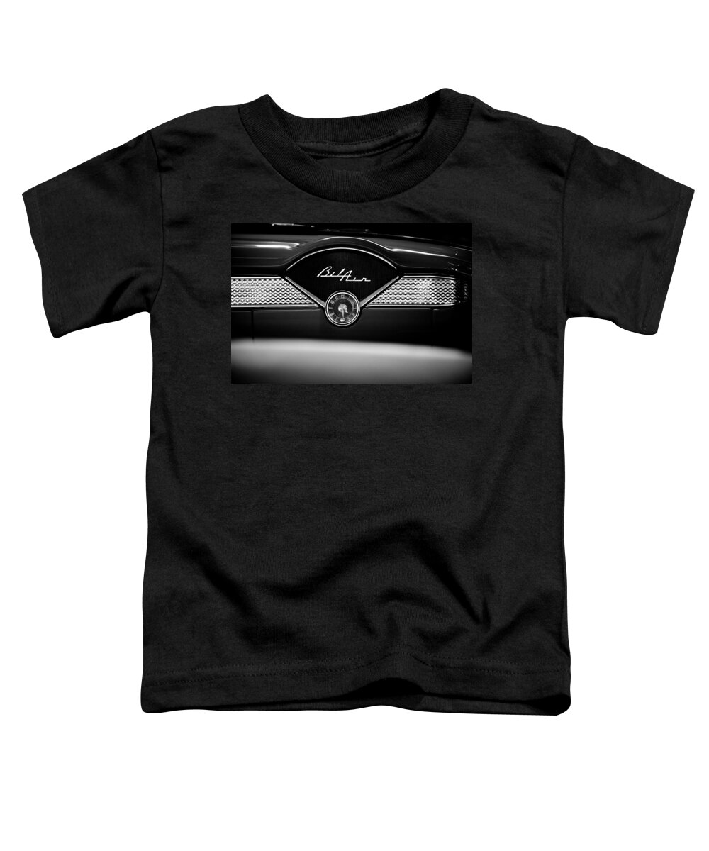 1955 Bel Air Toddler T-Shirt featuring the photograph 1955 Chevy Bel Air Glow Compartment in Black and White by Sebastian Musial