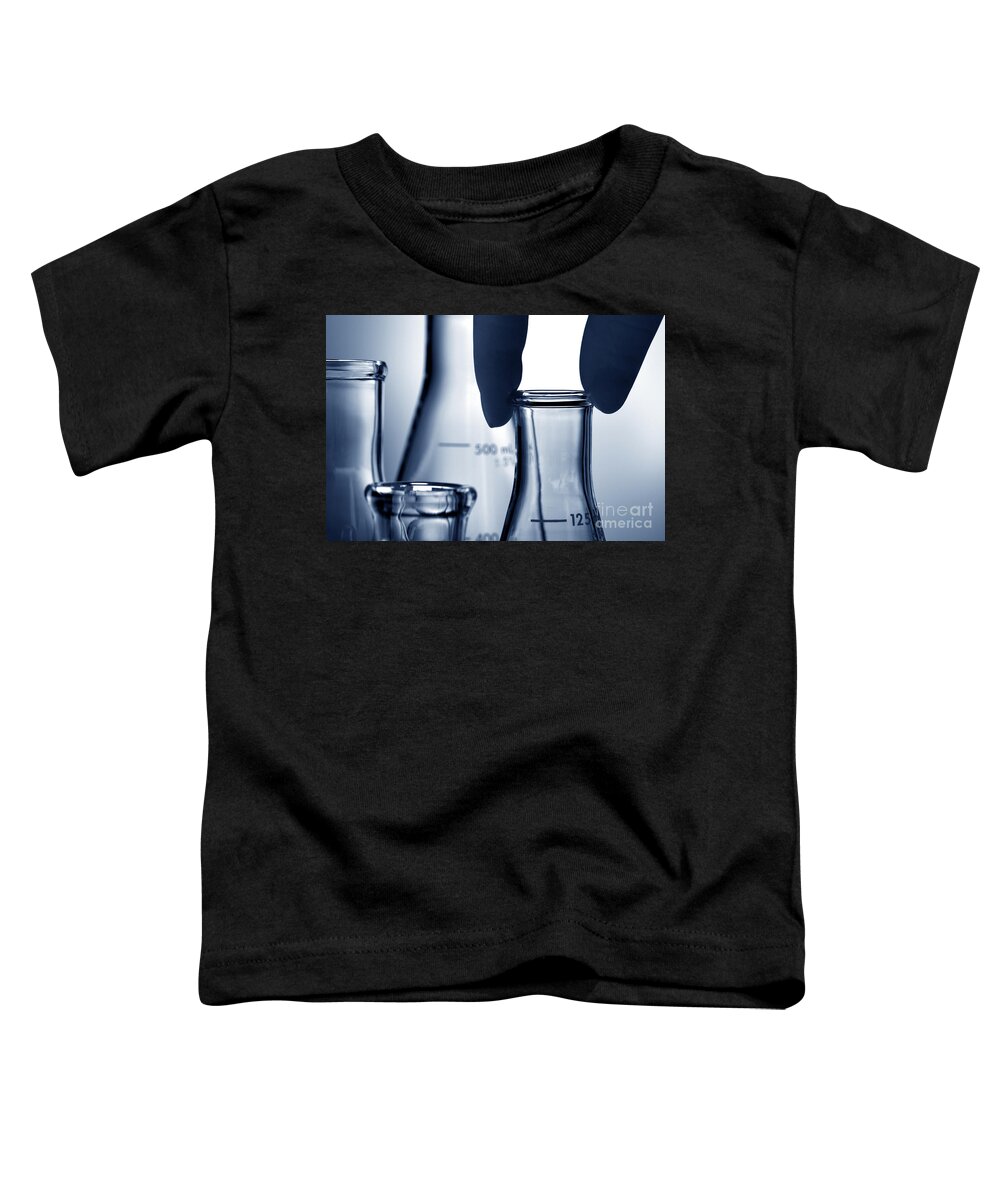 Blue Toddler T-Shirt featuring the photograph Erlenmeyer Flasks in Science Research Lab by Science Research Lab