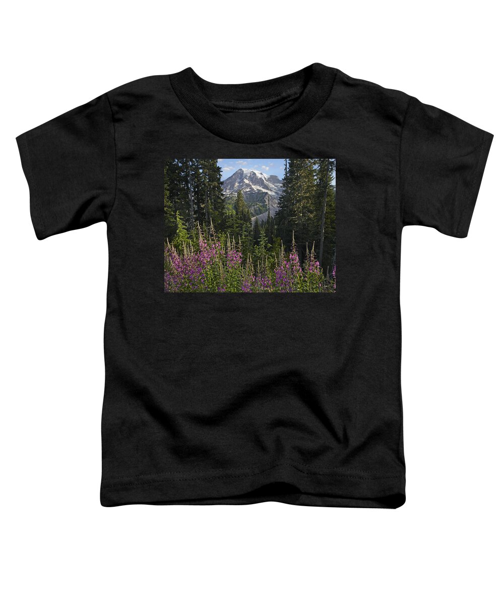 00437813 Toddler T-Shirt featuring the photograph Fireweed Flowering And Mount Rainier by Tim Fitzharris