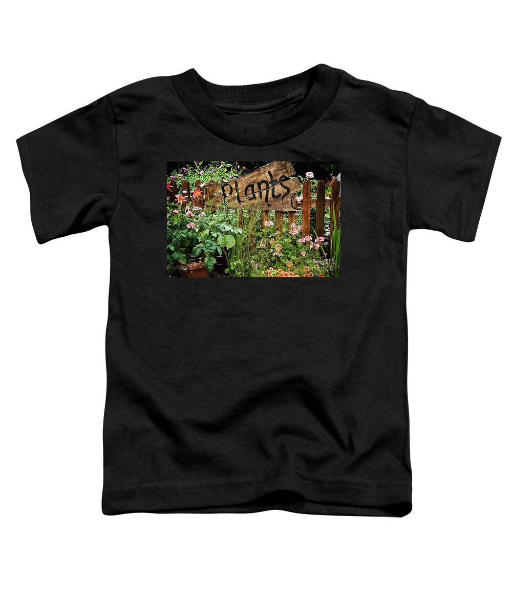 Plants Toddler T-Shirt featuring the photograph Wooden plant sign in flowers by Simon Bratt