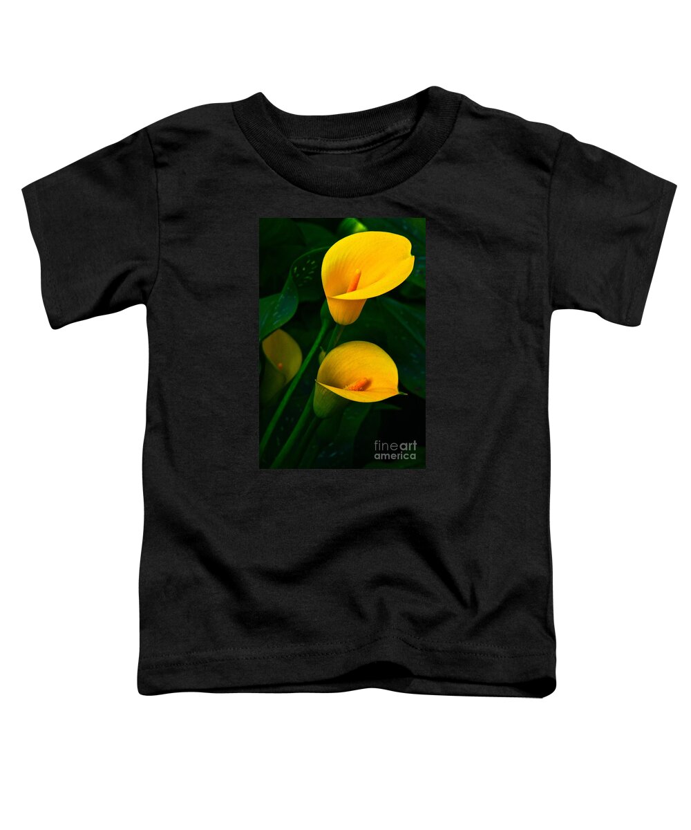 Lily Of The Nile Toddler T-Shirt featuring the photograph Yellow Calla Lilies by Byron Varvarigos