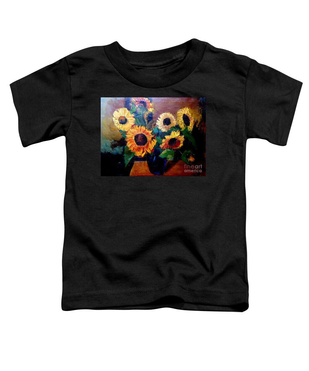  Sunflowers Toddler T-Shirt featuring the painting By Edgar A. Batzell Sunflowers by Priscilla Batzell Expressionist Art Studio Gallery