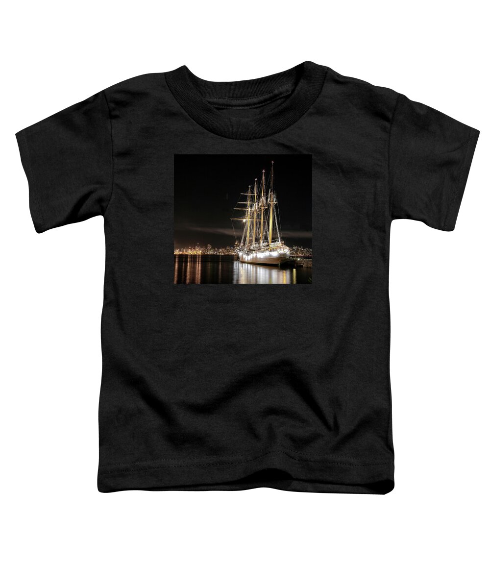 Alex Lyubar Toddler T-Shirt featuring the photograph Sailing ship at the pier by Alex Lyubar