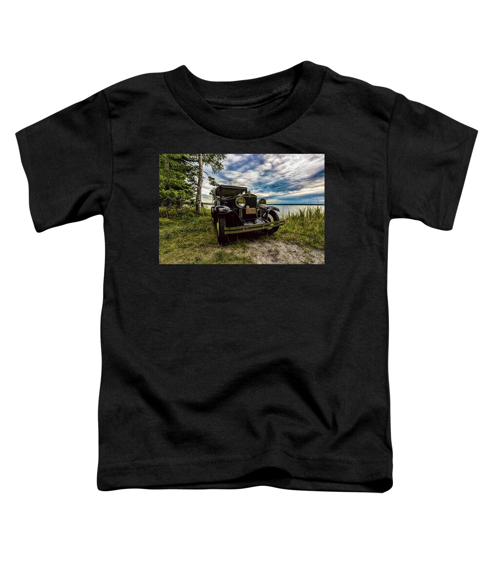 Higgins Lake Toddler T-Shirt featuring the photograph 1930 Chevy on the shore of Higgins Lake by Joe Holley