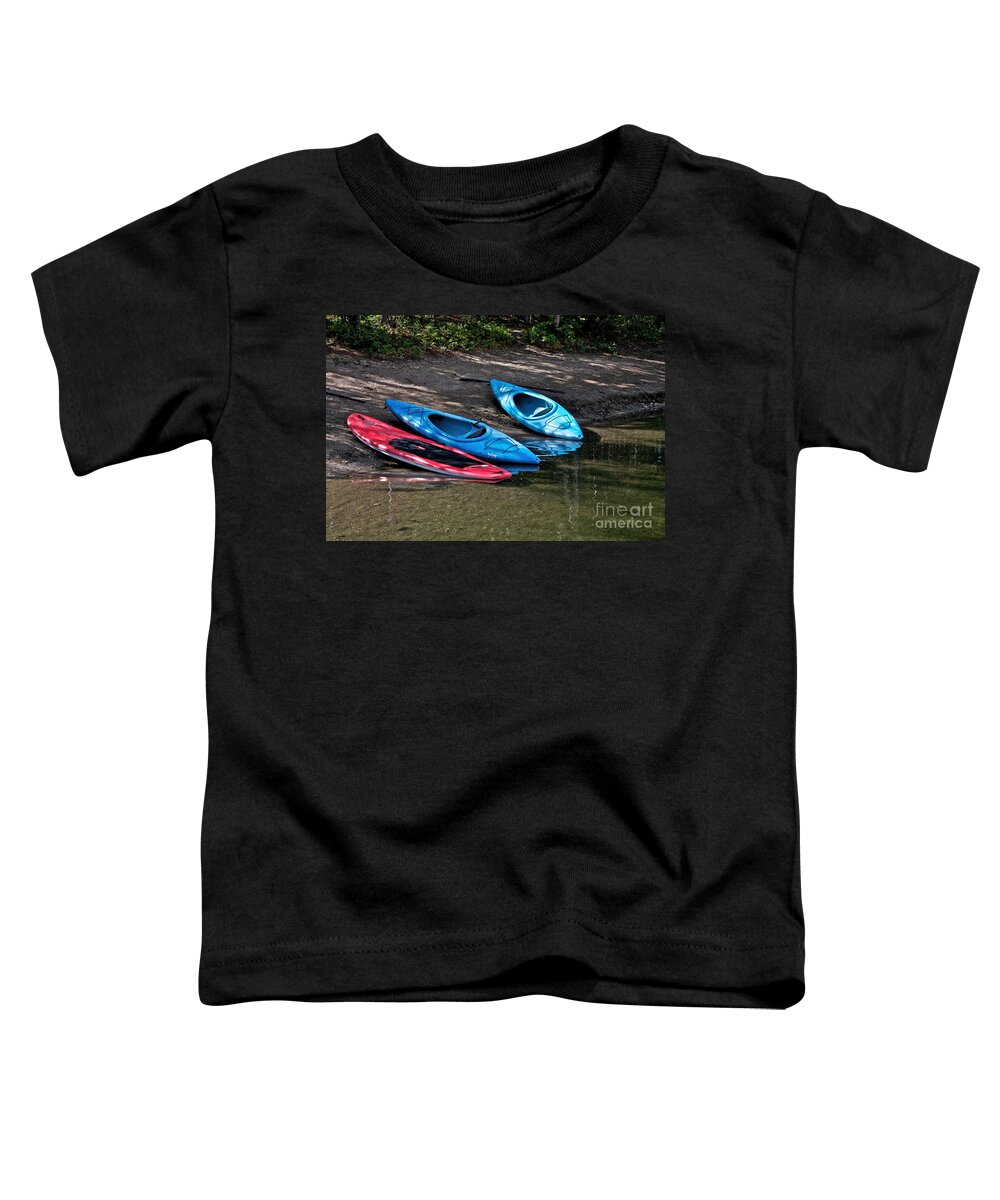 Kayaks Toddler T-Shirt featuring the photograph 3 Kayaks by Linda Bianic