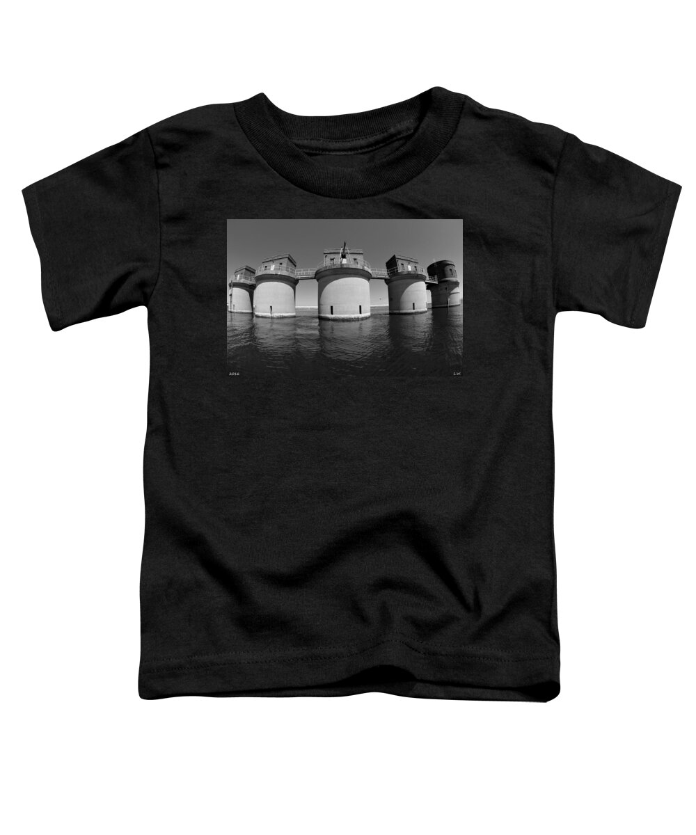5 Towers At Dreher Shoals Dam On Lake Murray Sc Black And White Toddler T-Shirt featuring the photograph 5 Towers At Dreher Shoals Dam On Lake Murray SC Black And White by Lisa Wooten