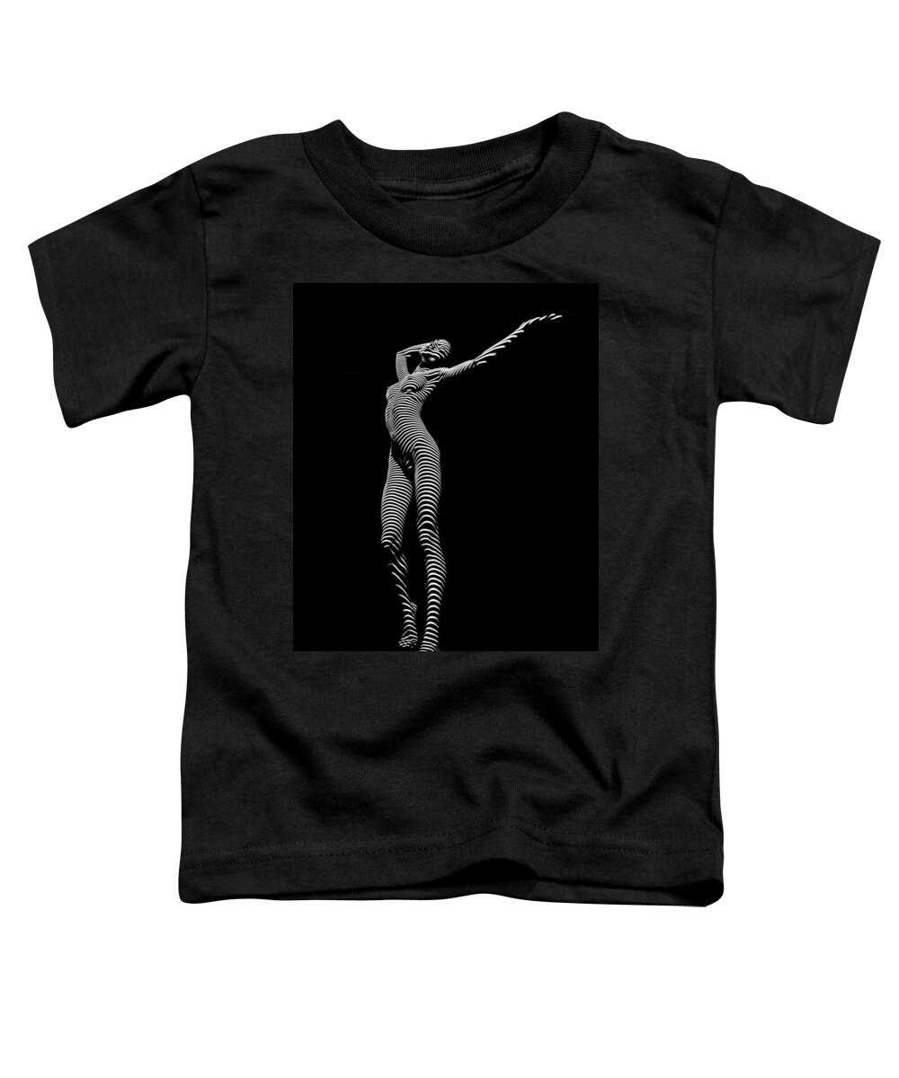 Zebra Toddler T-Shirt featuring the photograph 9705-DJA Zebra Woman Flow of Life Black White Striped Young Woman by Chris Maher by Chris Maher