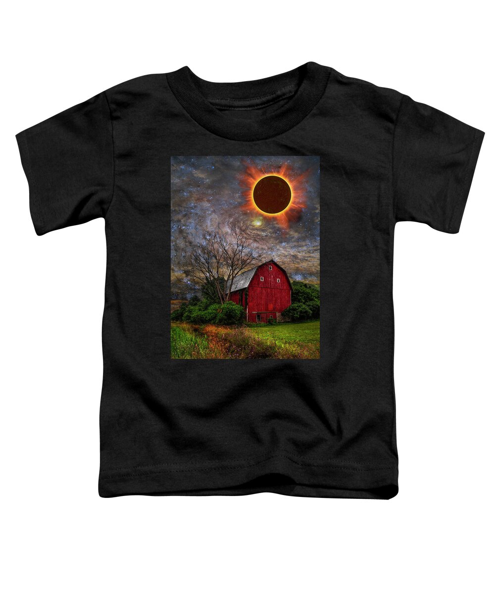Appalachia Toddler T-Shirt featuring the photograph Big Red Barn Under Full Solar Eclipse by Debra and Dave Vanderlaan