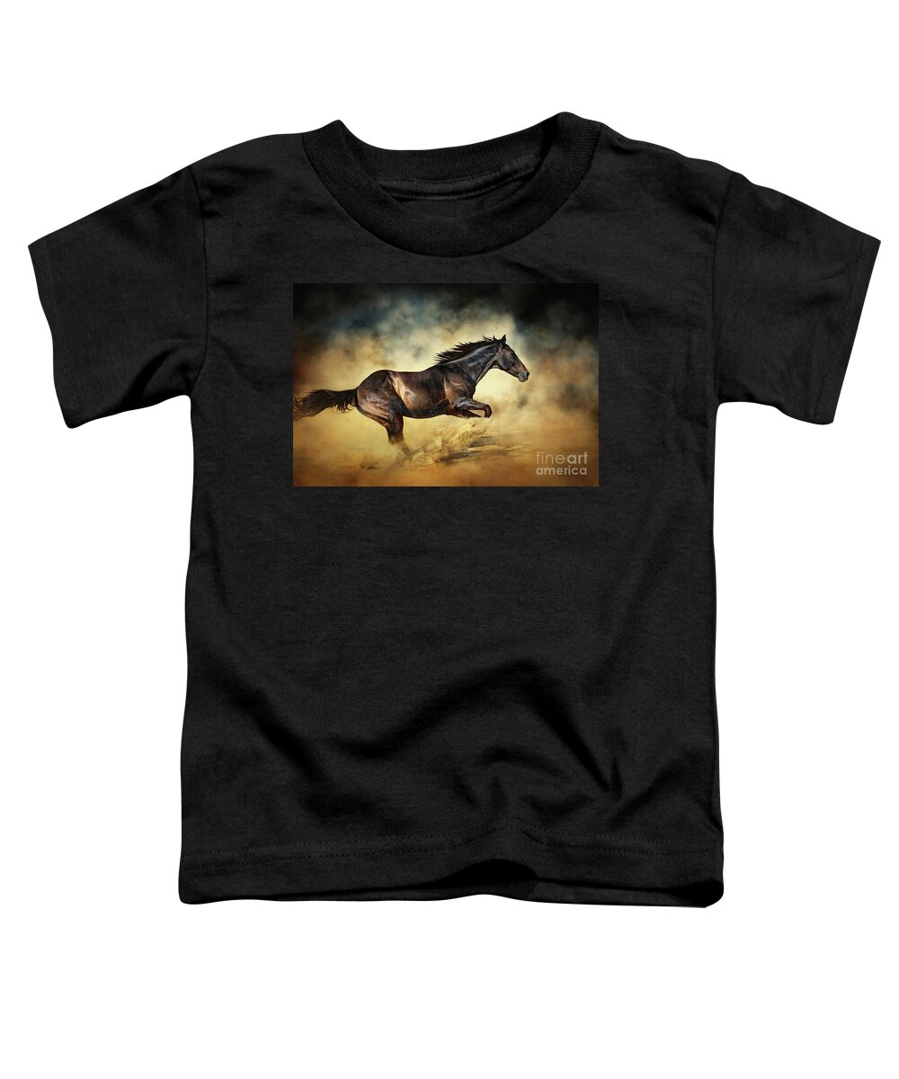 Horse Toddler T-Shirt featuring the photograph Black Stallion horse Galloping like a devil by Dimitar Hristov