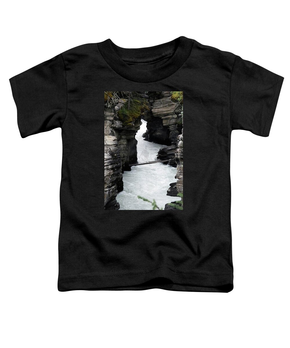 Bucking Bronc Rodeo Cowboy Waterfall Water Rushing Logs Trees Mountains Falls Rock Abstract Horses Toddler T-Shirt featuring the photograph Bronc Falls by Andrea Lawrence