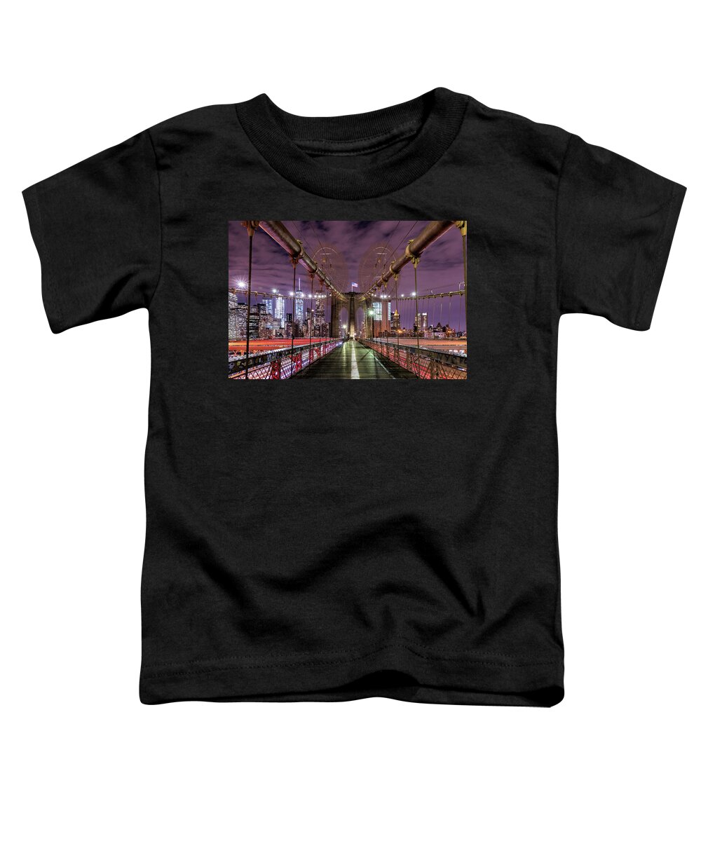 New York Toddler T-Shirt featuring the photograph Brooklyn Bridge Night by Mike Centioli