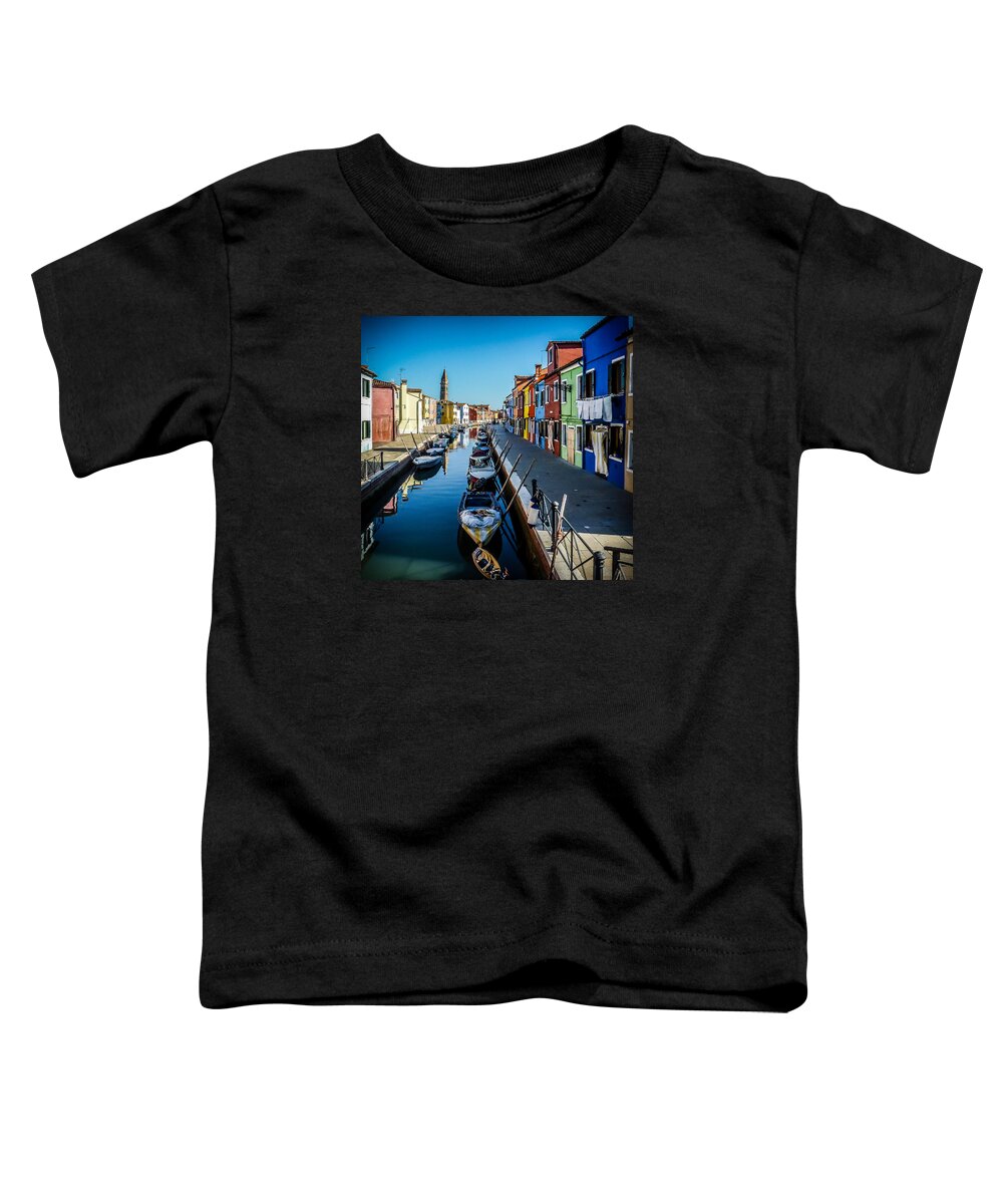 Burano Toddler T-Shirt featuring the photograph Burano Canal Clothesline by Pamela Newcomb