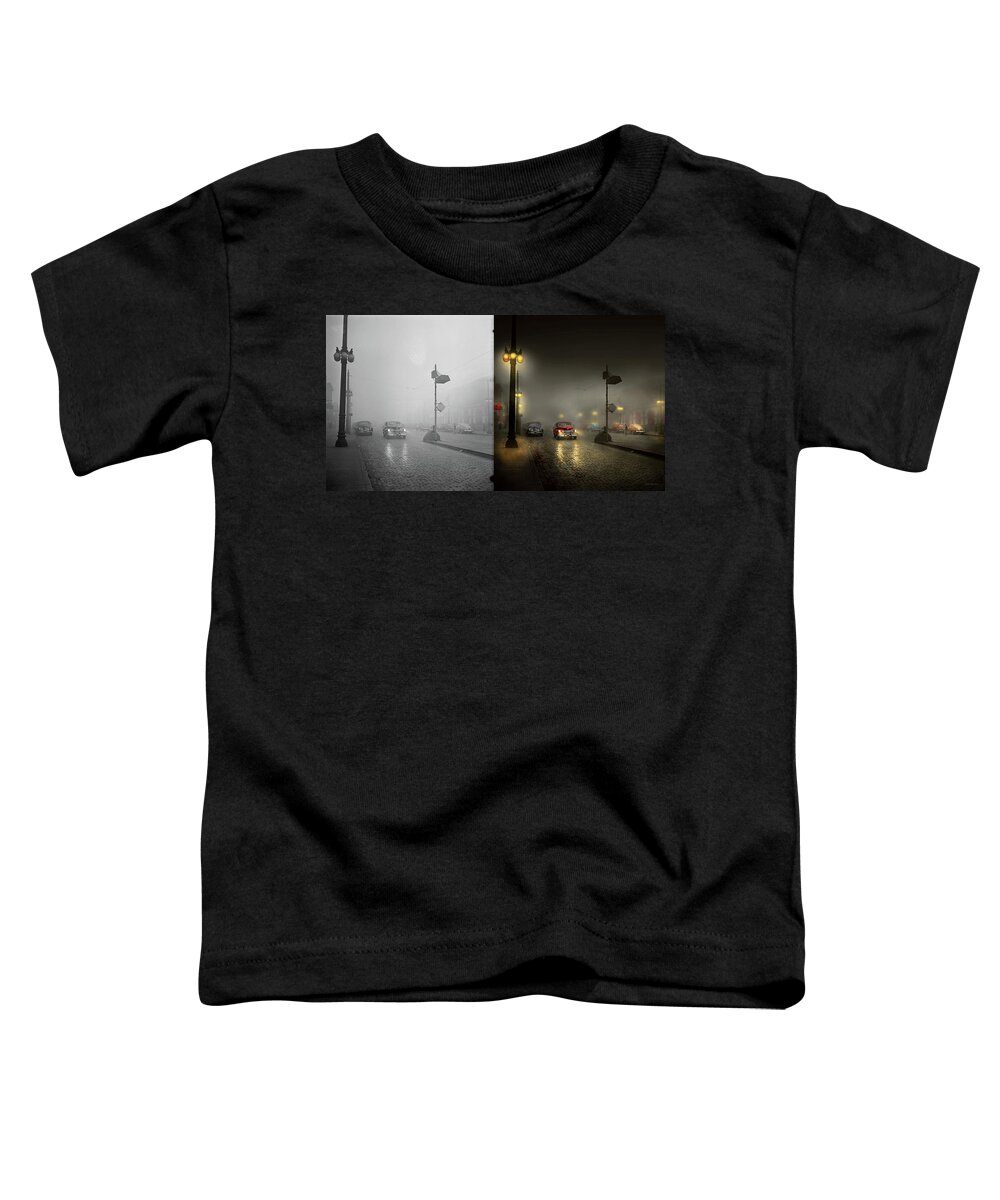 City Toddler T-Shirt featuring the photograph Car - Down a lonely road 1940 - Side by Side by Mike Savad