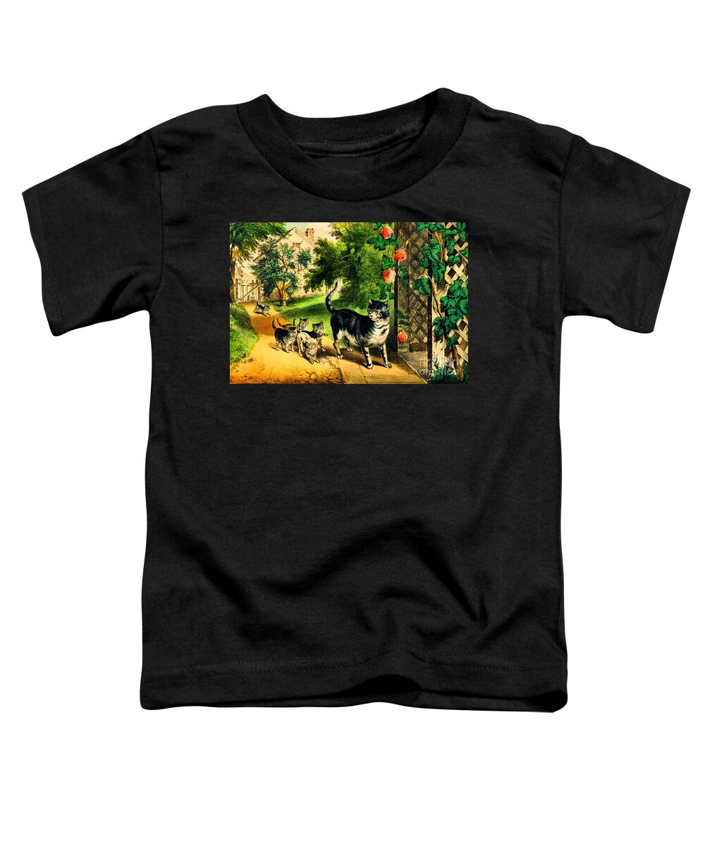 Cat Toddler T-Shirt featuring the painting Antique Vintage Victorian Mother Cat with Her Cute Kittens by Peter Ogden