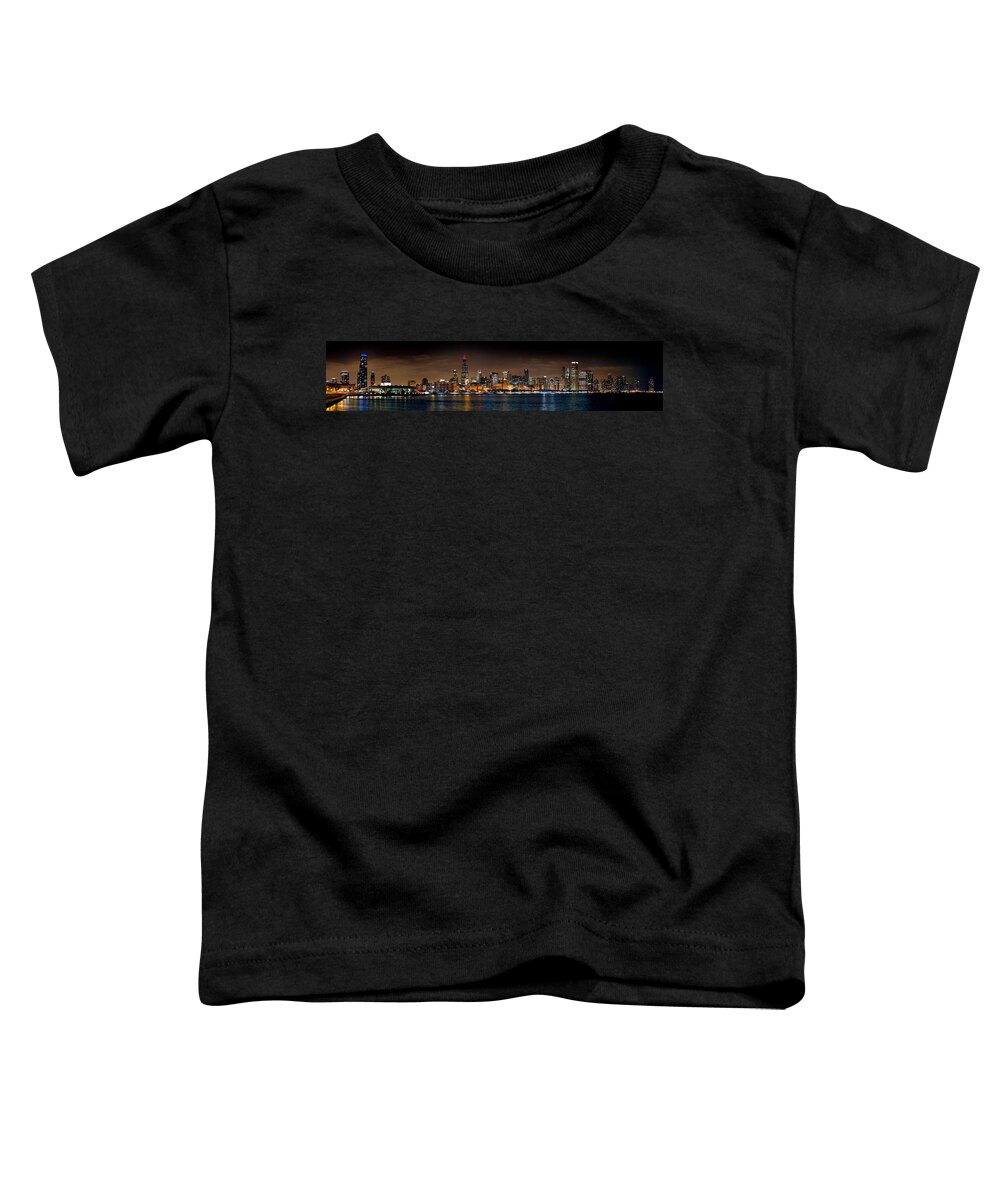 Chicago Skyline Toddler T-Shirt featuring the photograph Chicago Skyline at NIGHT Extra Wide Panorama by Jon Holiday