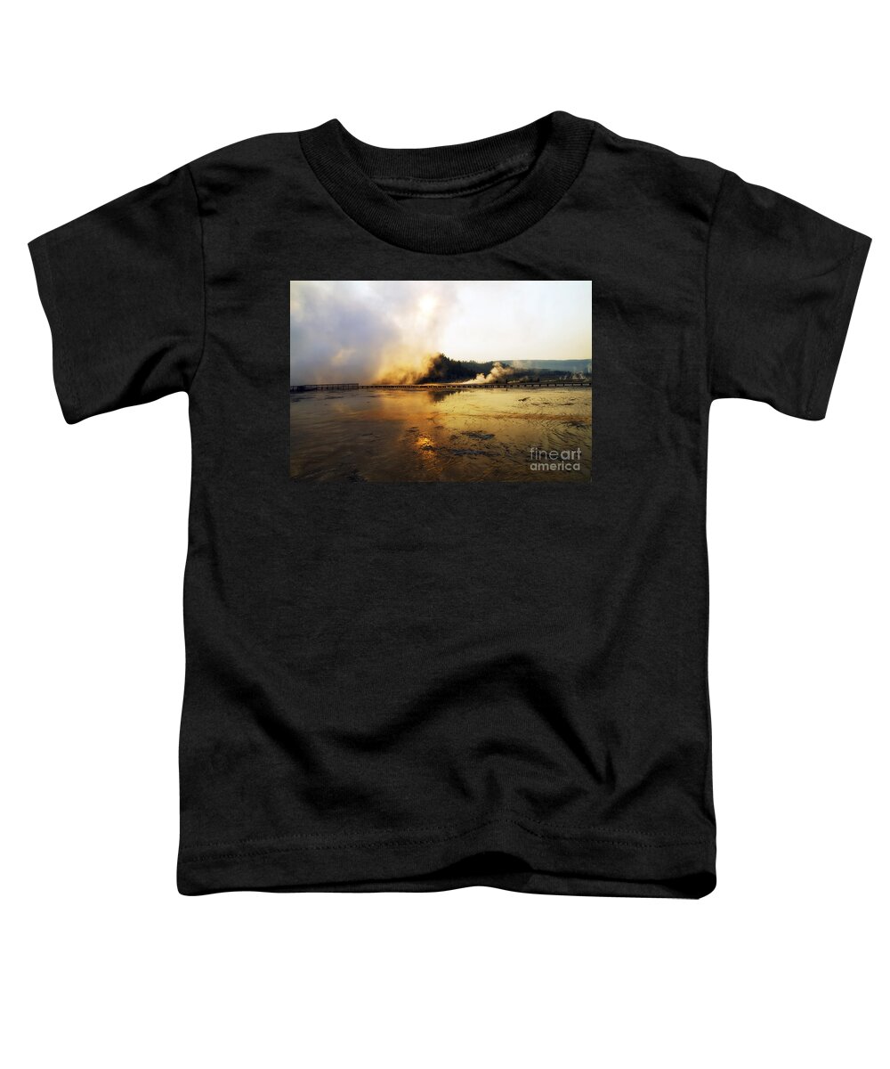 Grand Prismatic Spring Toddler T-Shirt featuring the photograph Cold Morning Sunrise at Grand Prismatic Spring by Teresa Zieba