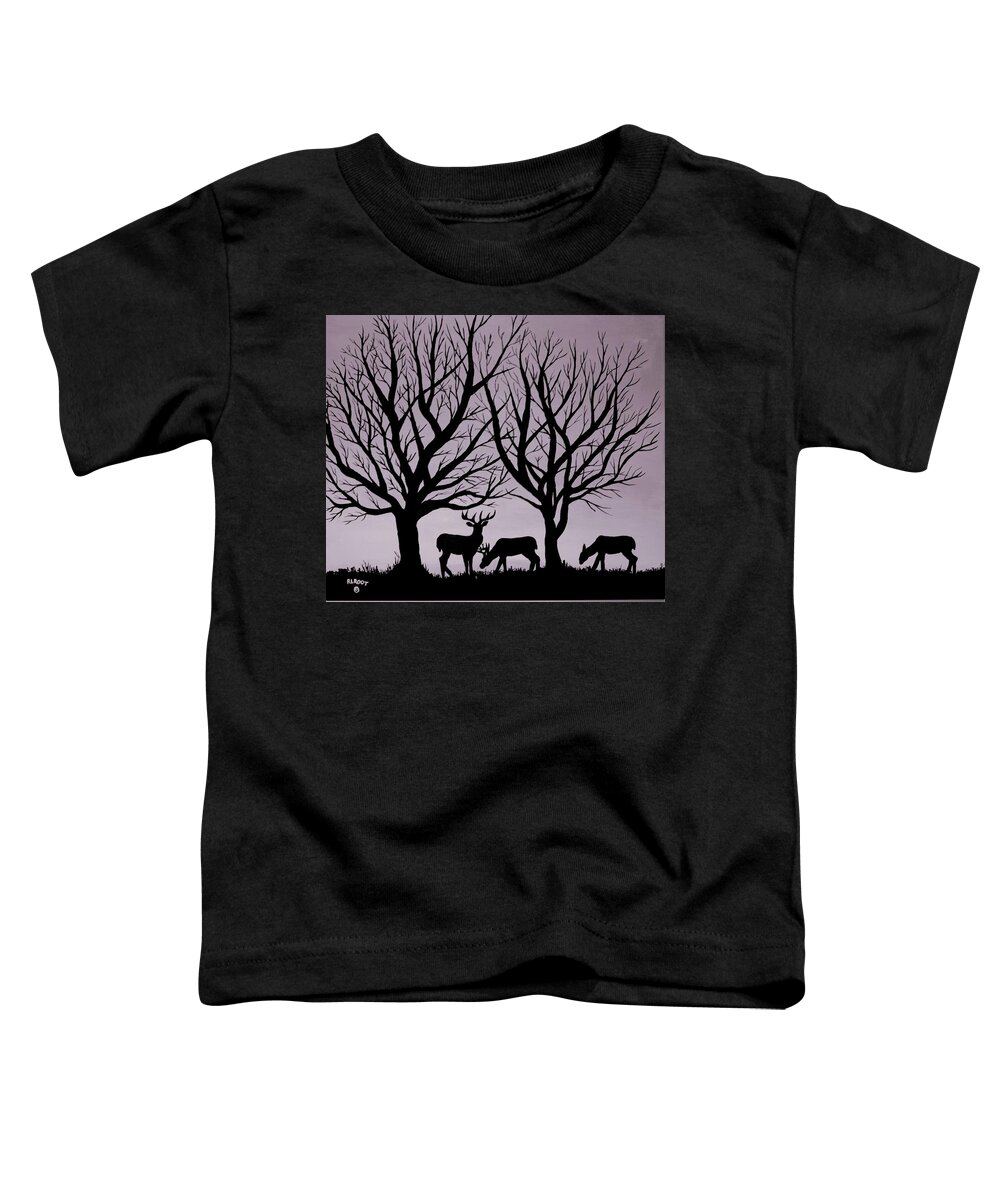 Sunset Toddler T-Shirt featuring the painting Deer at Sunset, Black and gray by Ralph Root
