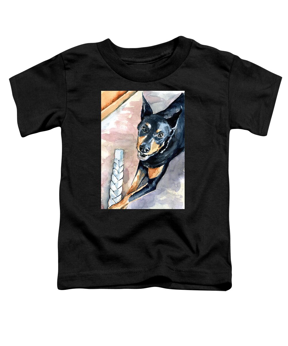 Dog Toddler T-Shirt featuring the painting Doberman - Dog Portrait by Dora Hathazi Mendes