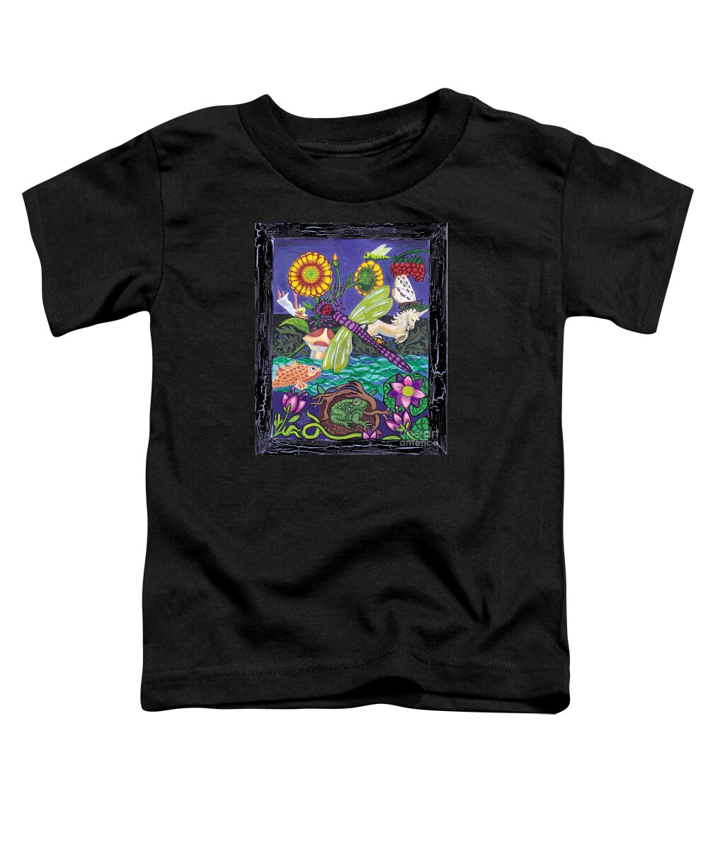 Dragonfly Toddler T-Shirt featuring the painting Dragonfly and Unicorn by Genevieve Esson