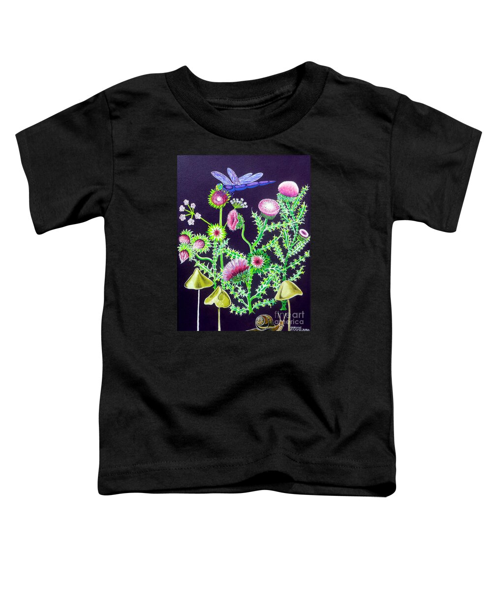 Thistle Toddler T-Shirt featuring the painting Dragonfly Thistle and Snail by Genevieve Esson