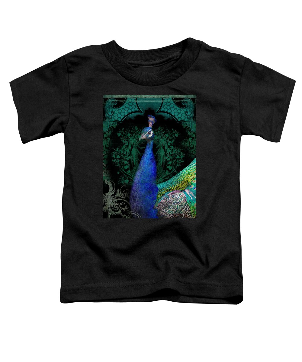 Regal Toddler T-Shirt featuring the mixed media Elegant Peacock w Vintage Scrolls by Audrey Jeanne Roberts