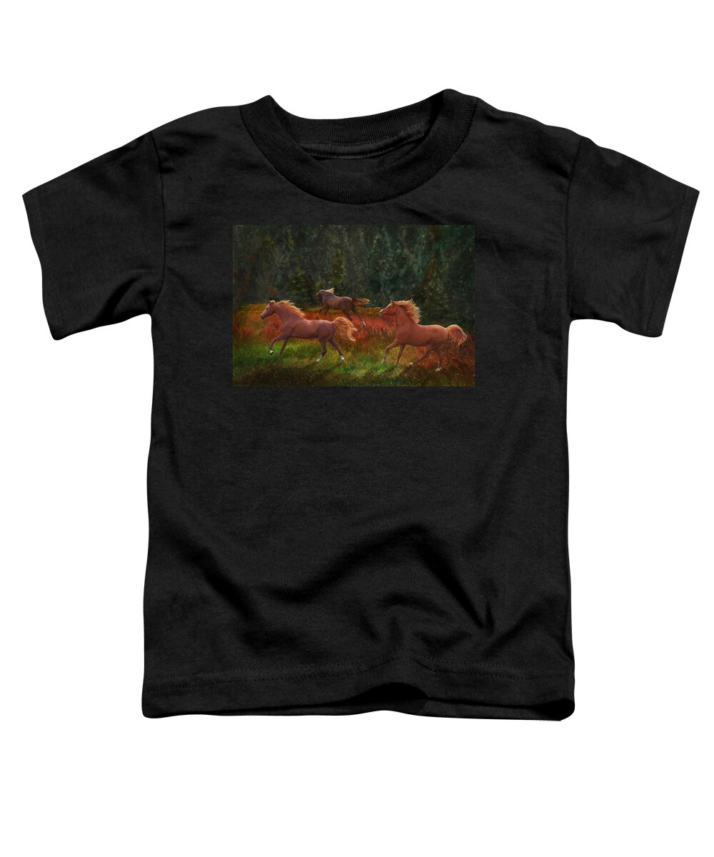 Chestnut Horses Toddler T-Shirt featuring the photograph Fall Dancers by Melinda Hughes-Berland