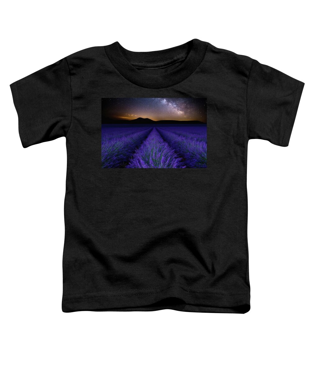 Night Stars Waterscape Lavender Mood Fields Provence Milkyway Clouds Nature Blue Sky Landscape Scenic Sea Nightscape Wonder Clouds Europe Toddler T-Shirt featuring the photograph Fields of Eden by Jorge Maia