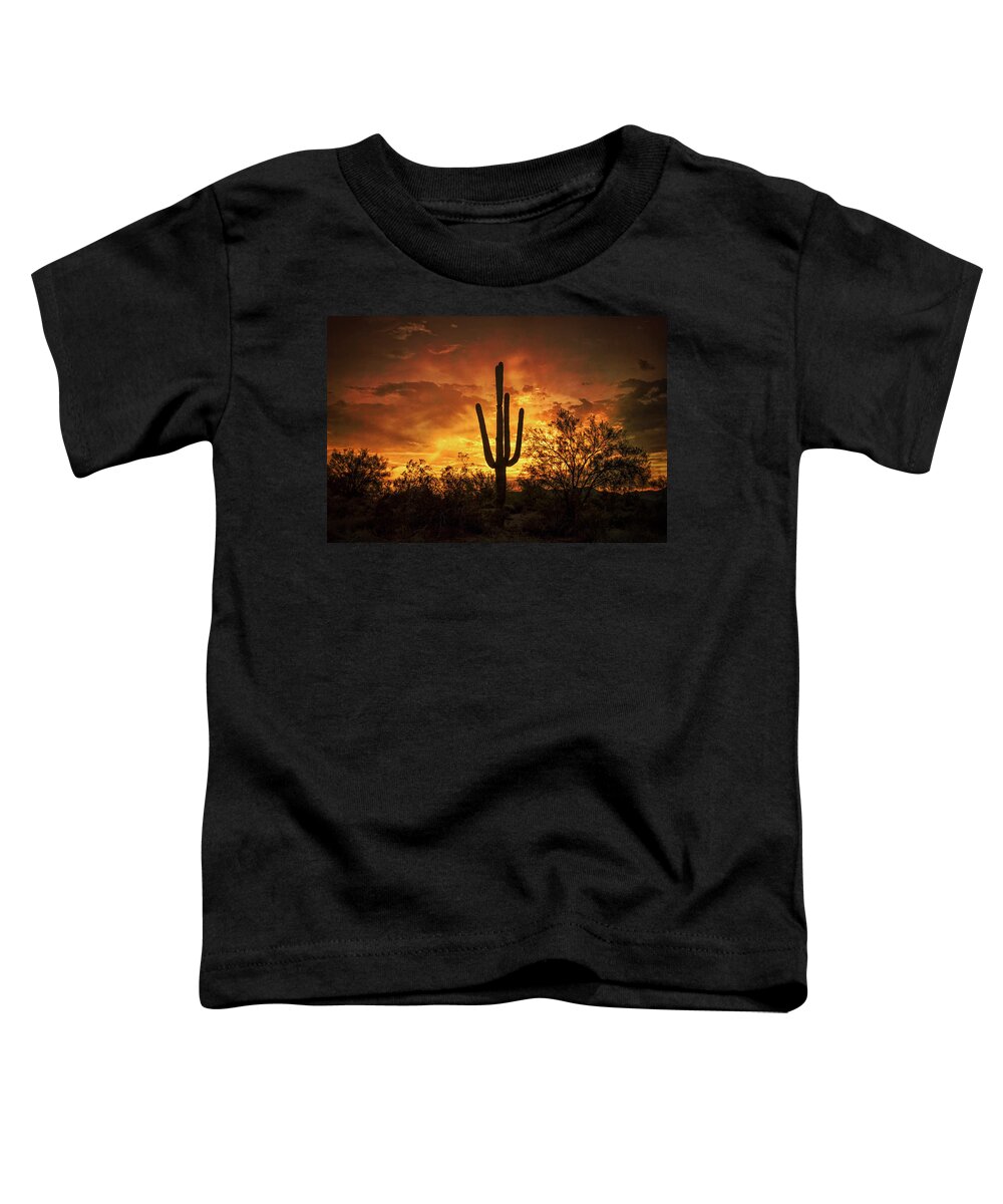 Saguaro Sunset Toddler T-Shirt featuring the photograph Fiery Desert Skies by Saija Lehtonen