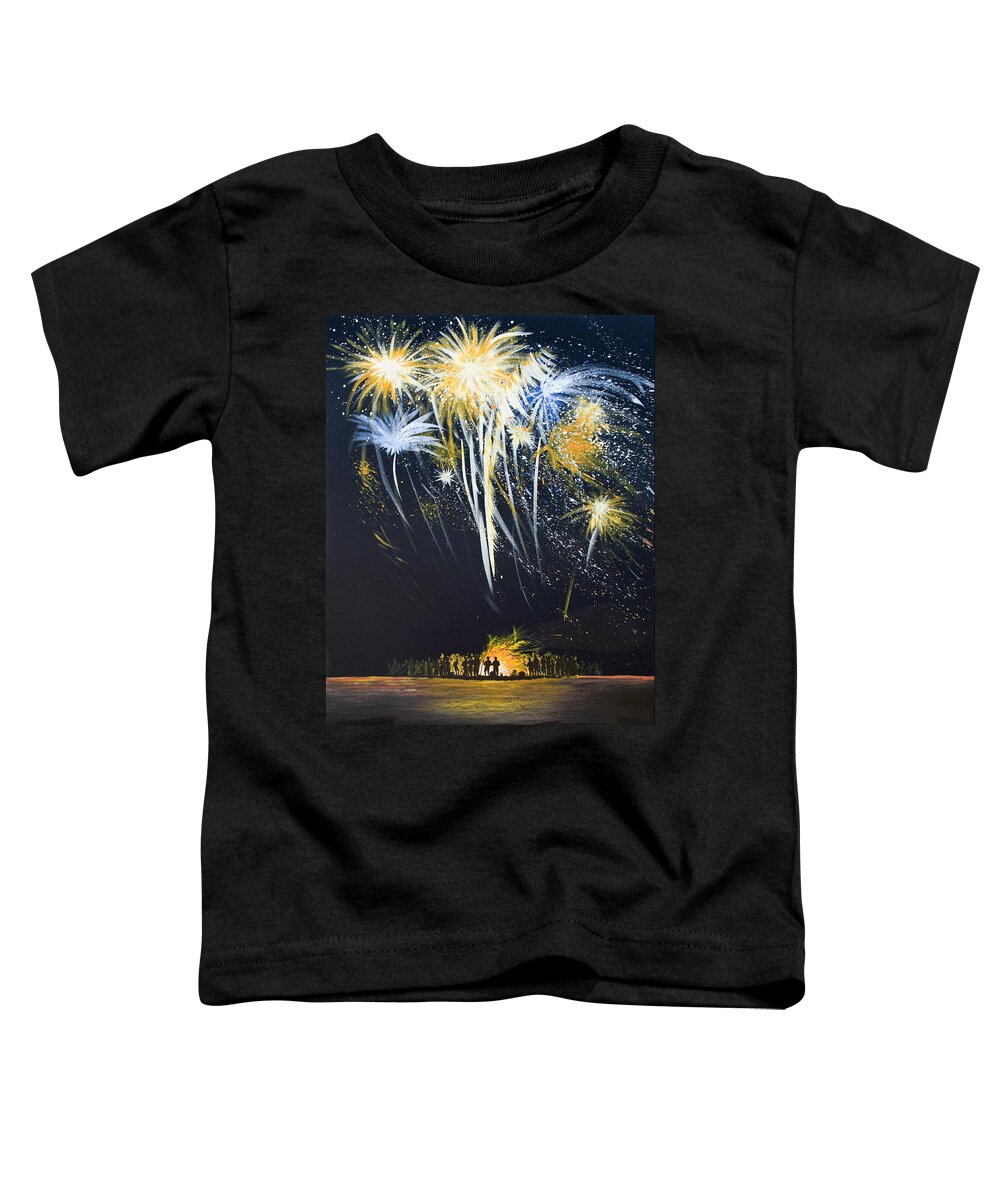 Fireworks Toddler T-Shirt featuring the painting Fireworks Bonfire on the West bar by Charles Harden