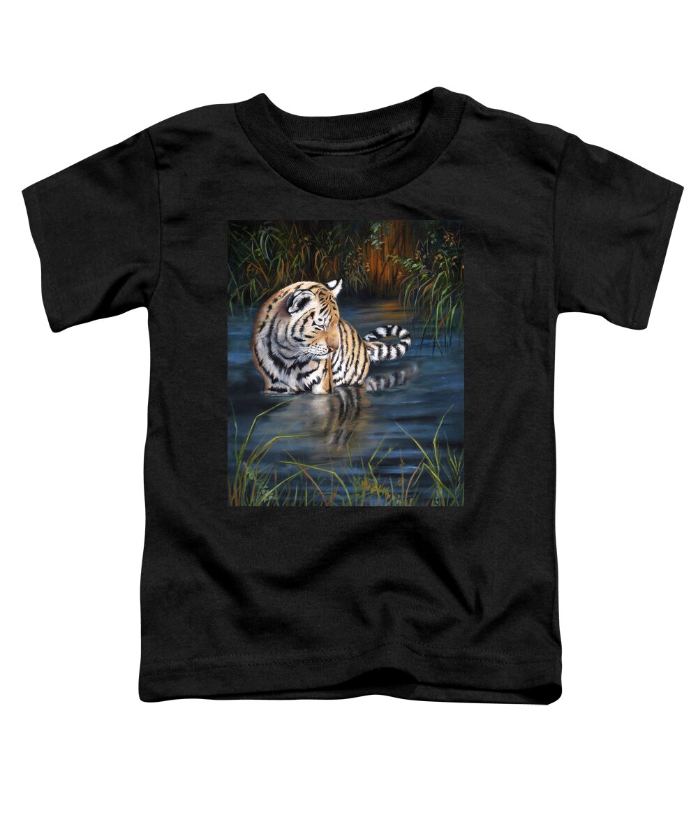 Tiger Cub Toddler T-Shirt featuring the painting First Reflection by Mary McCullah