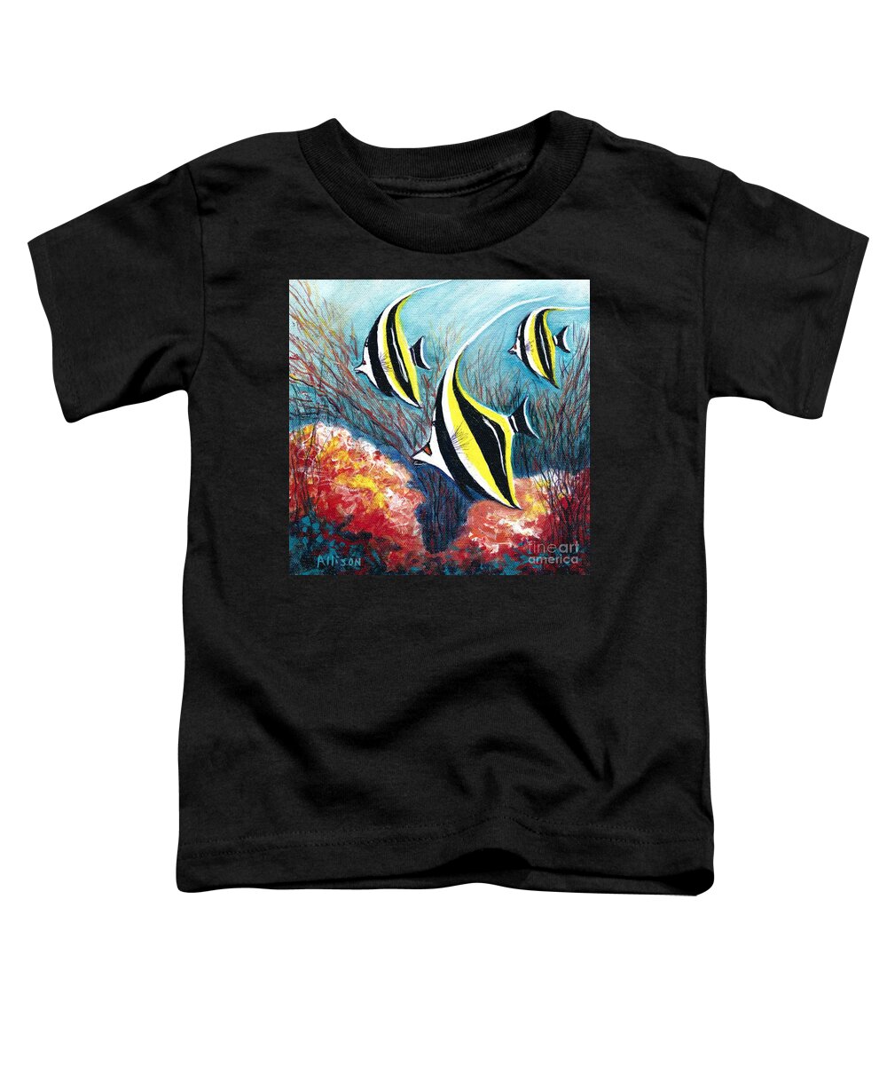 #moorishidol #fish #oceans #coral #worldoceansday #butterflyfish Toddler T-Shirt featuring the painting Moorish Idol Fish and Coral Reef by Allison Constantino
