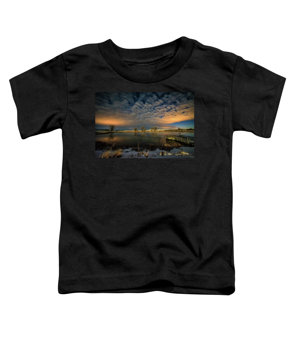 Pond Fishing_hole Night Stars Landscape Toddler T-Shirt featuring the photograph Fishing Hole at Night by Fiskr Larsen