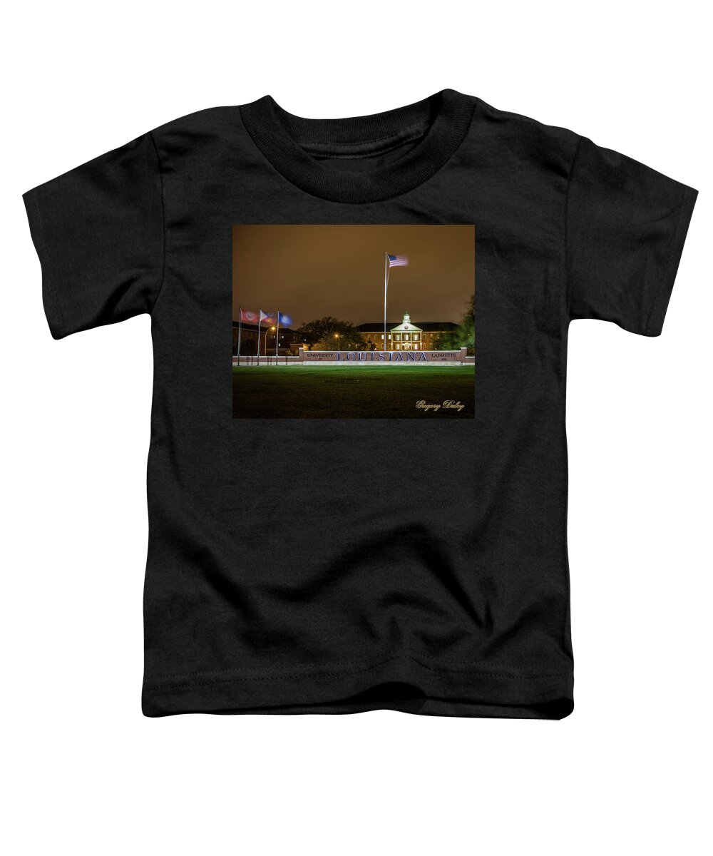 Ul Toddler T-Shirt featuring the photograph Flag at Night in Wind by Gregory Daley MPSA