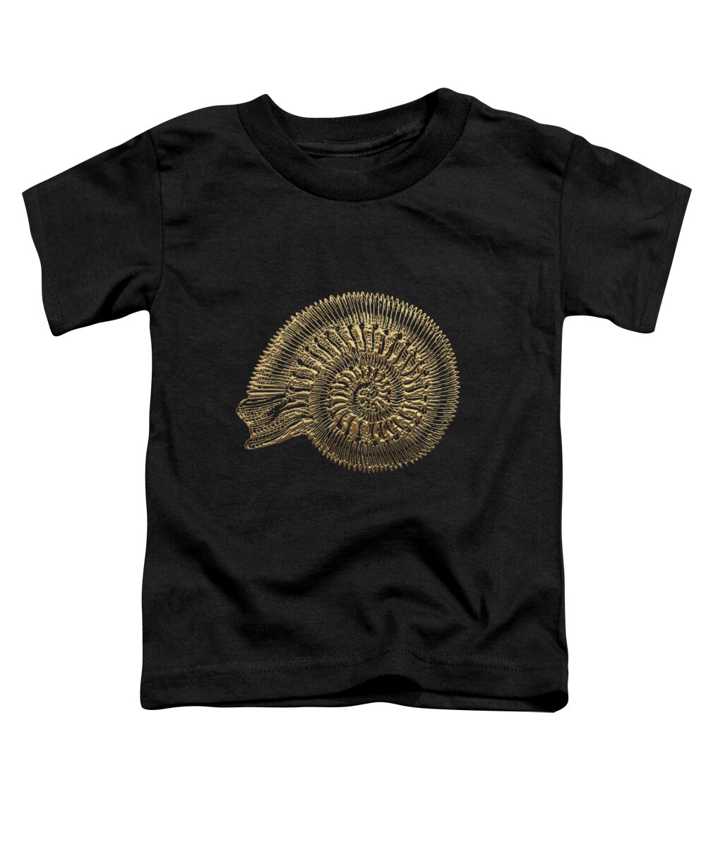 'fossil Record' Collection By Serge Averbukh Toddler T-Shirt featuring the digital art Fossil Record - Golden Ammonite Fossil on Square Black Canvas #2 by Serge Averbukh