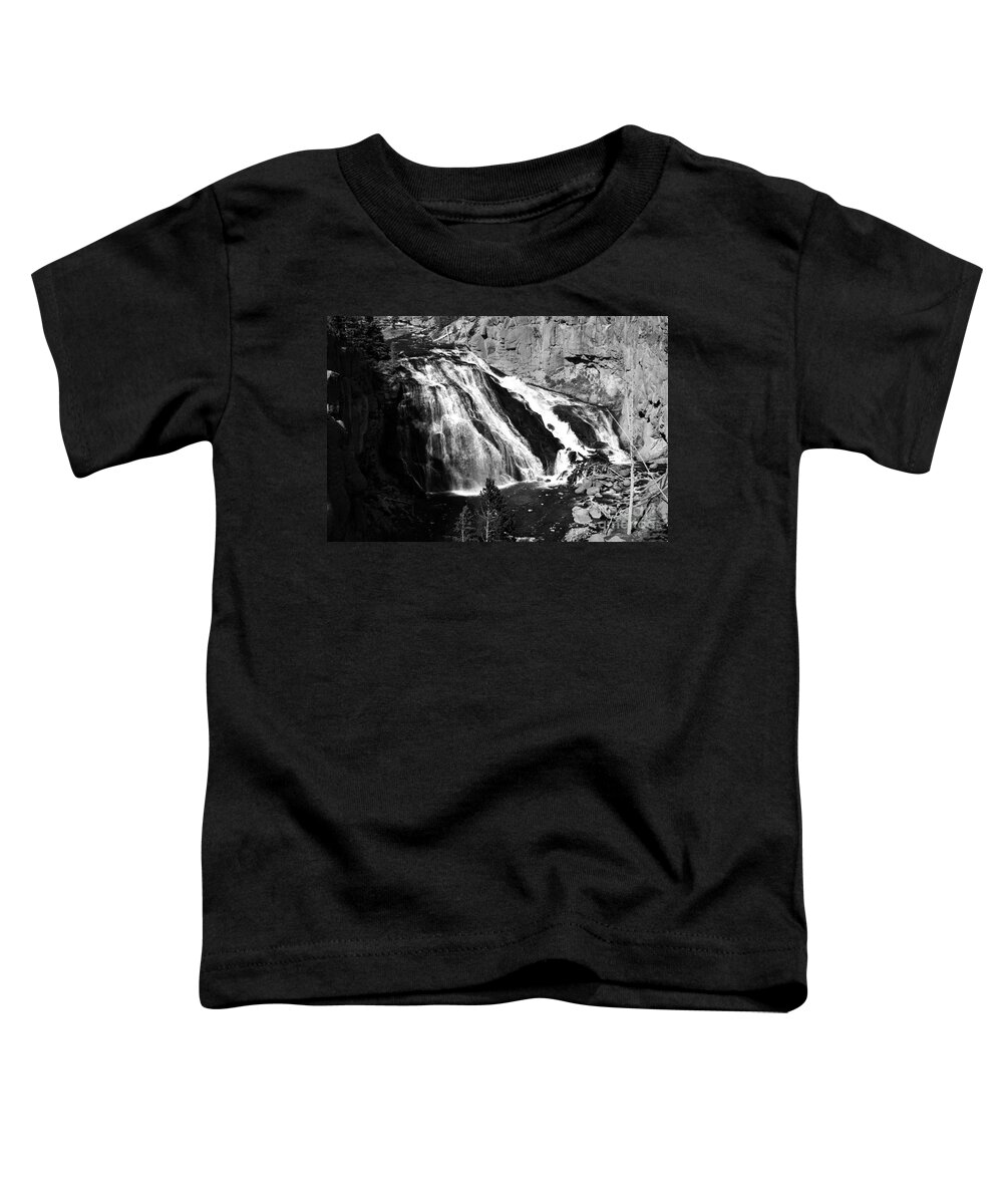 Yellowstone Toddler T-Shirt featuring the photograph Gibbon Falls Cascade into Gibbon River in Yellowstone National Park Black and White by Shawn O'Brien