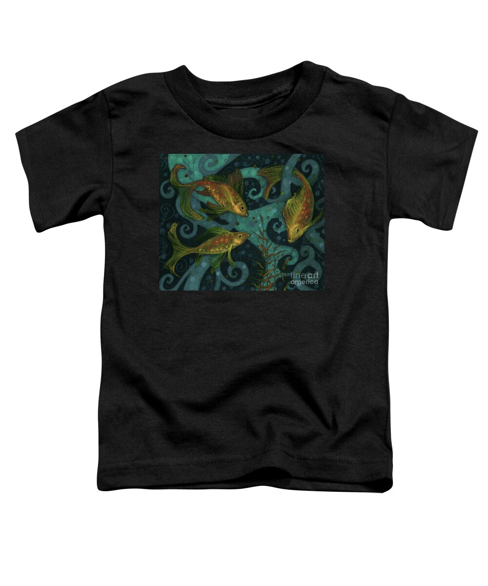 Fish Toddler T-Shirt featuring the mixed media Golden Fishes, underwater creatures, black, teal and yellow by Julia Khoroshikh