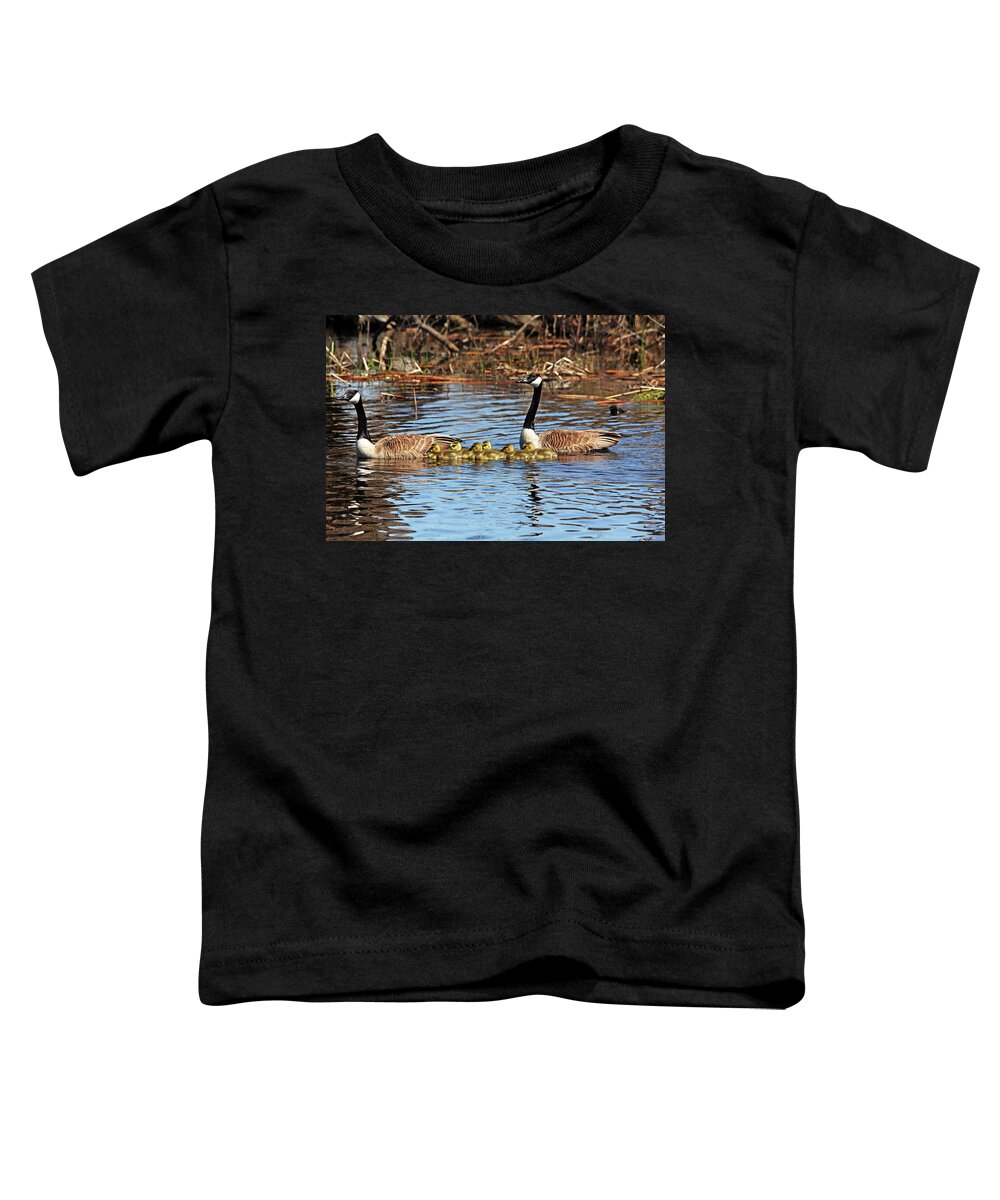 Geese Toddler T-Shirt featuring the photograph Goose Family On The Pond by Debbie Oppermann