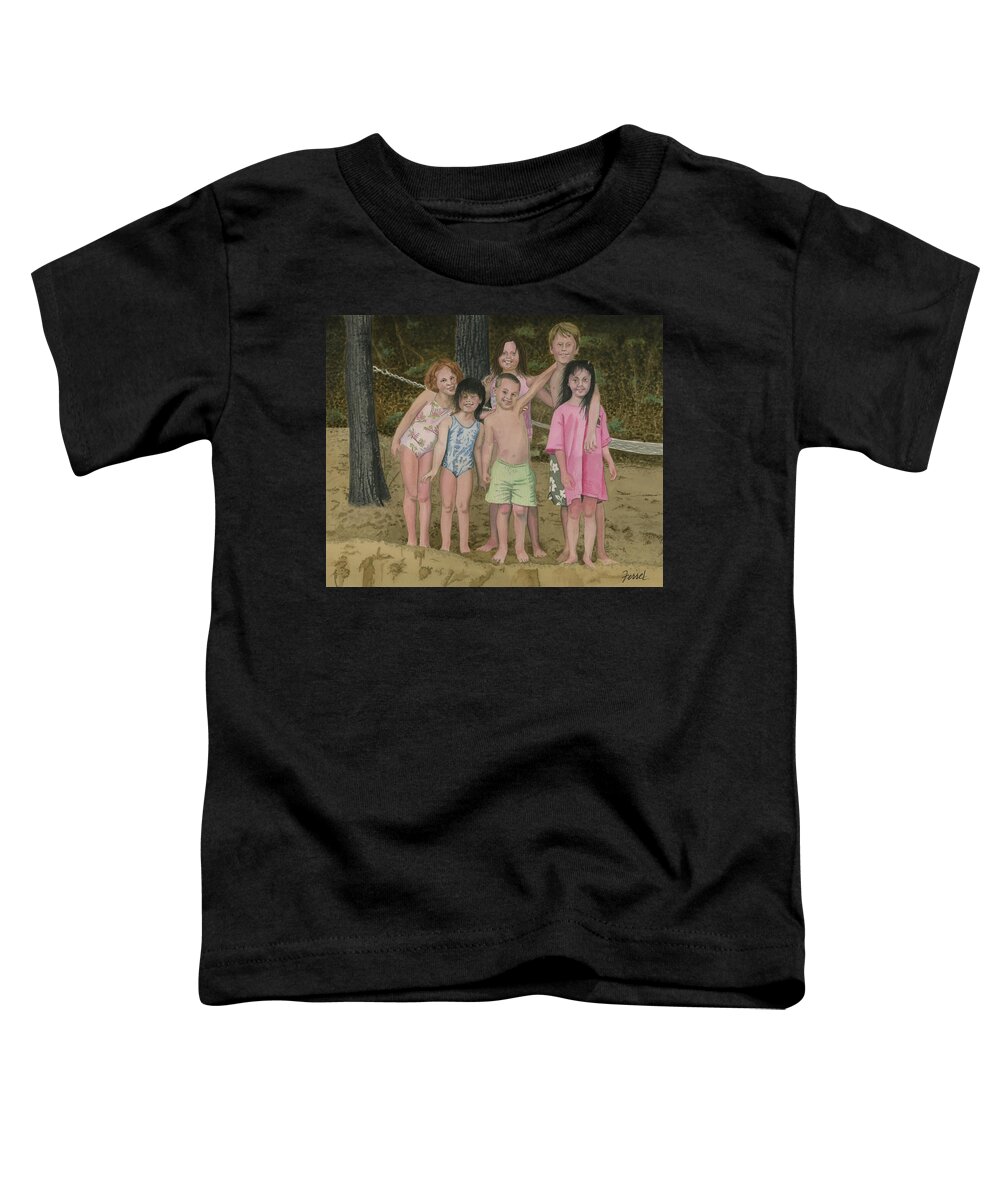 Grandkids Toddler T-Shirt featuring the painting Grandkids On The Beach by Ferrel Cordle