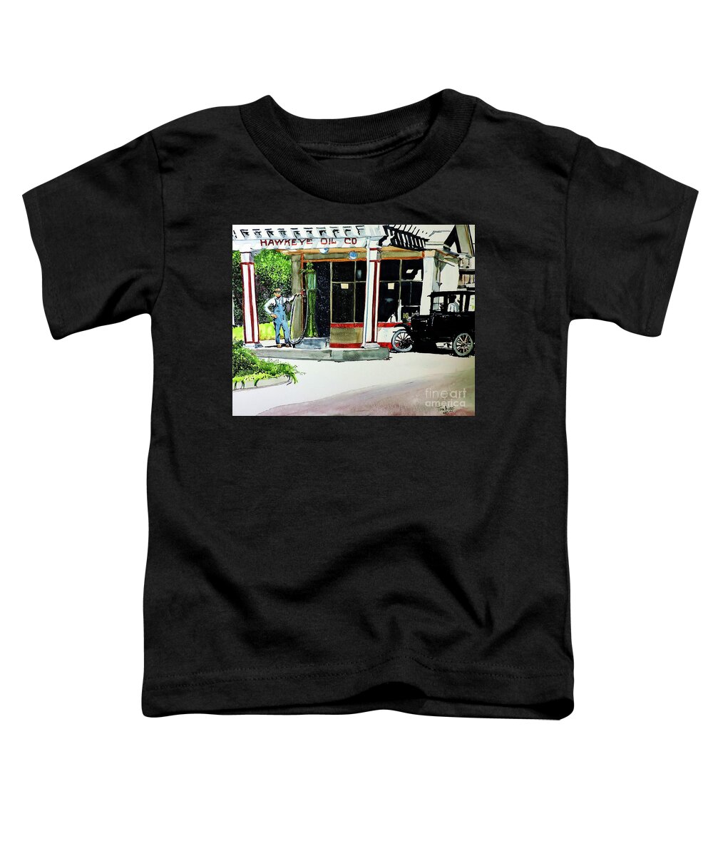 Old Time Toddler T-Shirt featuring the painting Hawkeye Oil Co by Tom Riggs