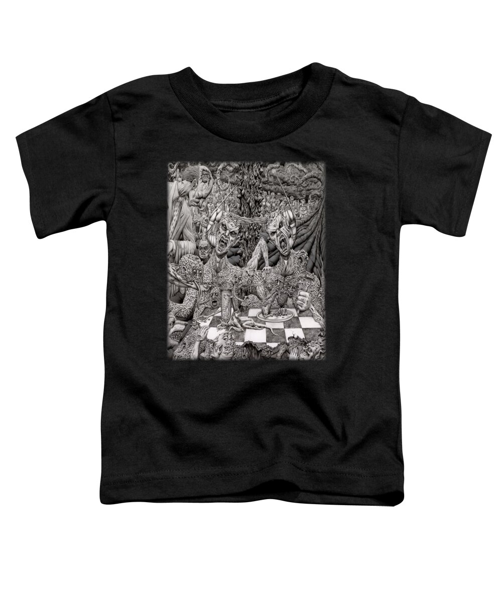 Graphite Drawing Creatures Monstrosity Gore Hell Food Dinner Diner Mutation Psychosis Mentally Deranged Greyscale Surreal Detailed Horror Toddler T-Shirt featuring the drawing Nightmare Diner by Mark Cooper