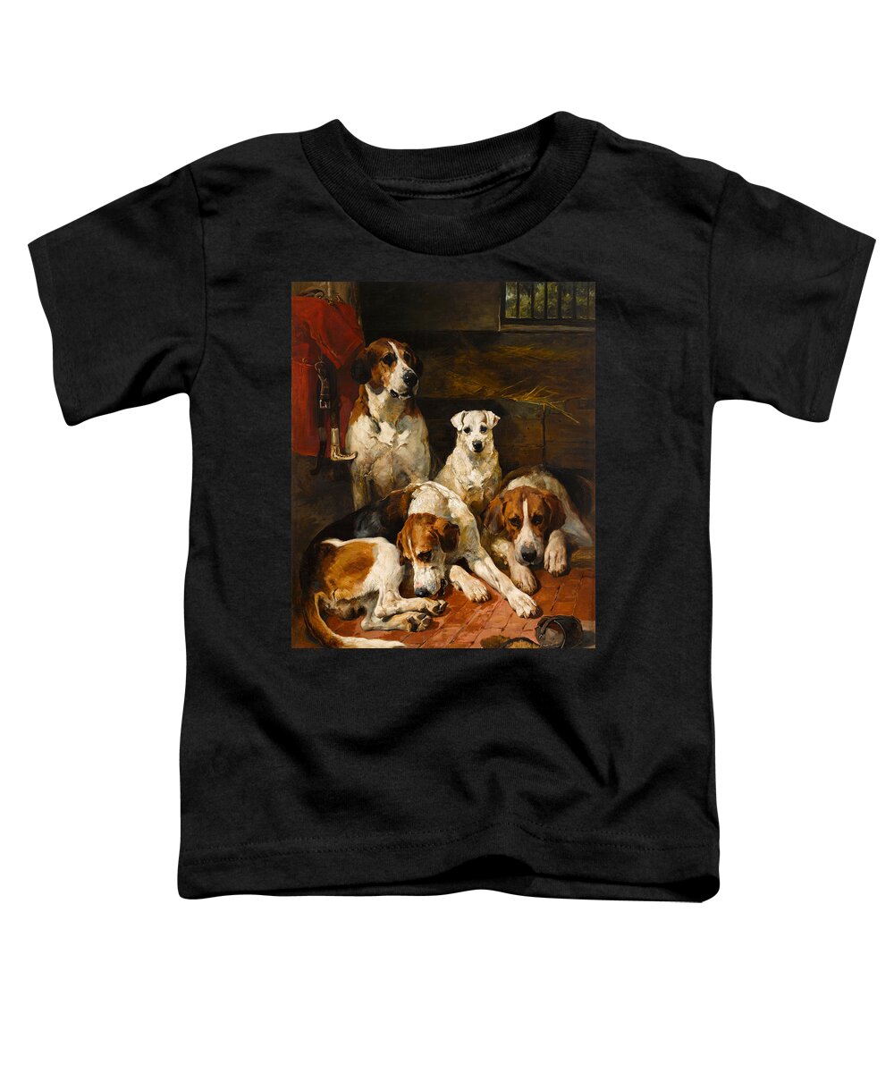 John Toddler T-Shirt featuring the painting Hounds and a Terrier in a Kennel by John Emms