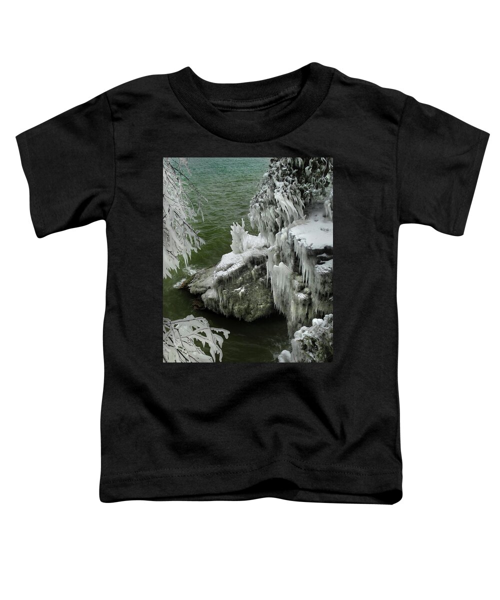 Waves Toddler T-Shirt featuring the photograph Ice-covered Branches and Rocks by David T Wilkinson