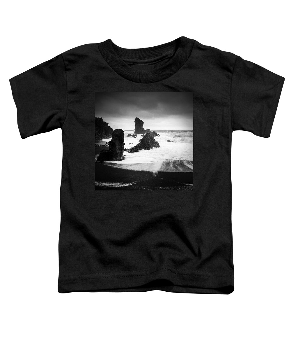 Iceland Toddler T-Shirt featuring the photograph Iceland Dritvik beach and cliffs dramatic black and white by Matthias Hauser